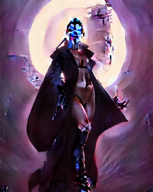 Image similar to beautiful fantasy character portrait, natalie portman, wearing oversized black trench coat, ultra realistic, wide angle, dramatic lighting, vultures, very seductive pose, cyberpunk artifacts, highly detailed by peter mohrbacher, hajime sorayama, wayne barlowe, boris vallejo, aaron horkey, gaston bussiere, craig mullins