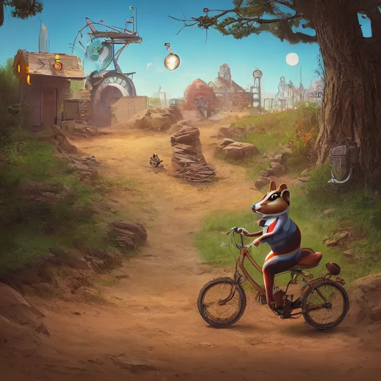 Prompt: A chipmunk riding a bike through a portal. Detailed digital matte painting in the style of simon stalenhag