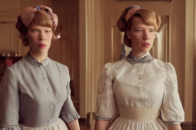 Prompt: close-up of  Léa Seydoux as a maid in the new movie directed by Wes Anderson, movie still frame, promotional image, symmetrical shot, idiosyncratic, relentlessly detailed, limited colour palette