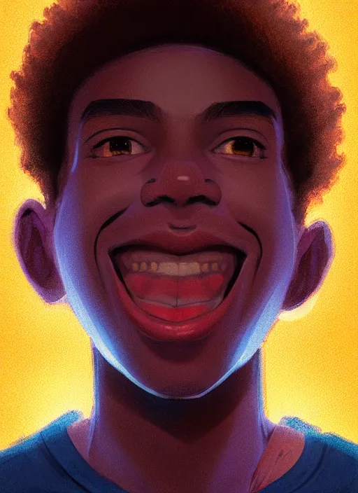 Image similar to portrait of teenage chuck clayton, black teenage boy, very short curly hair, very short hair, square jaw, slight excited smile, reading archie comic book, intricate, elegant, glowing lights, highly detailed, digital painting, artstation, concept art, smooth, sharp focus, illustration, art by wlop, mars ravelo and greg rutkowski