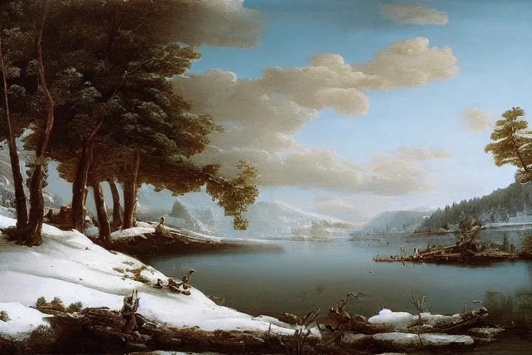 Prompt: beautiful landscape with winter and lake and pine trees, mythology, fantasy, landscape background, vivid colors, digital painting, very detailed, realistic, high quality, by claude lorrain