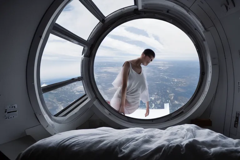 Image similar to sci-fi scene of space tourists in glamourous spaceship bedroom looking out large circular window at earth orbit By Emmanuel Lubezki