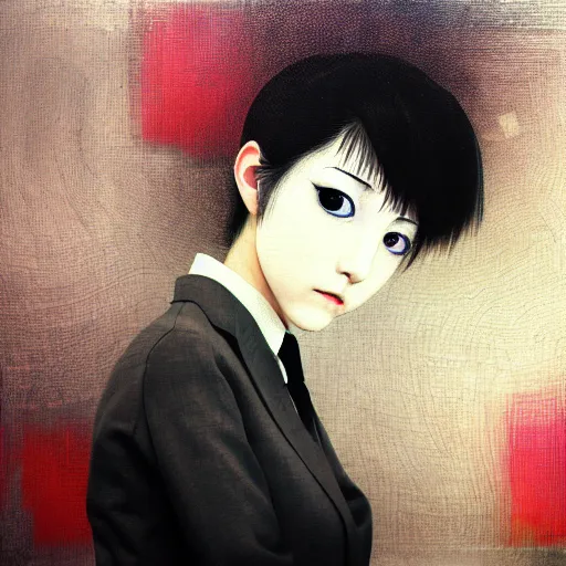 Image similar to yoshitaka amano blurred and dreamy realistic three quarter angle portrait of a young woman with short hair and black eyes wearing office suit with tie, junji ito abstract patterns in the background, satoshi kon anime, noisy film grain effect, highly detailed, renaissance oil painting, weird portrait angle, blurred lost edges