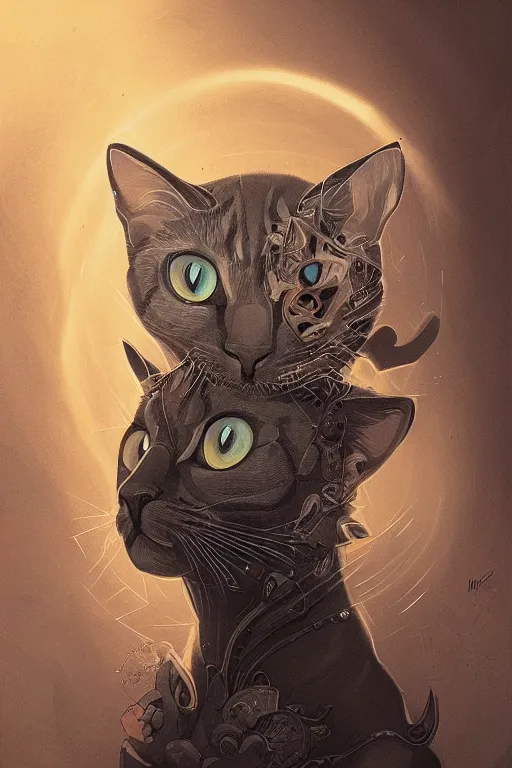 Prompt: geometric cat portrait, identical eyes, medium shot, fantasy, illustration, detailed line work, symmetrical, acid vintage color palette, artstation, hyper detailed, cinematic lighting, incredibly detailed and intricate, ornate, by peter mohrbacher