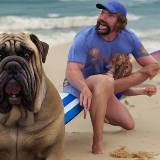 Image similar to a comedy movie for bull mastiff about surfing