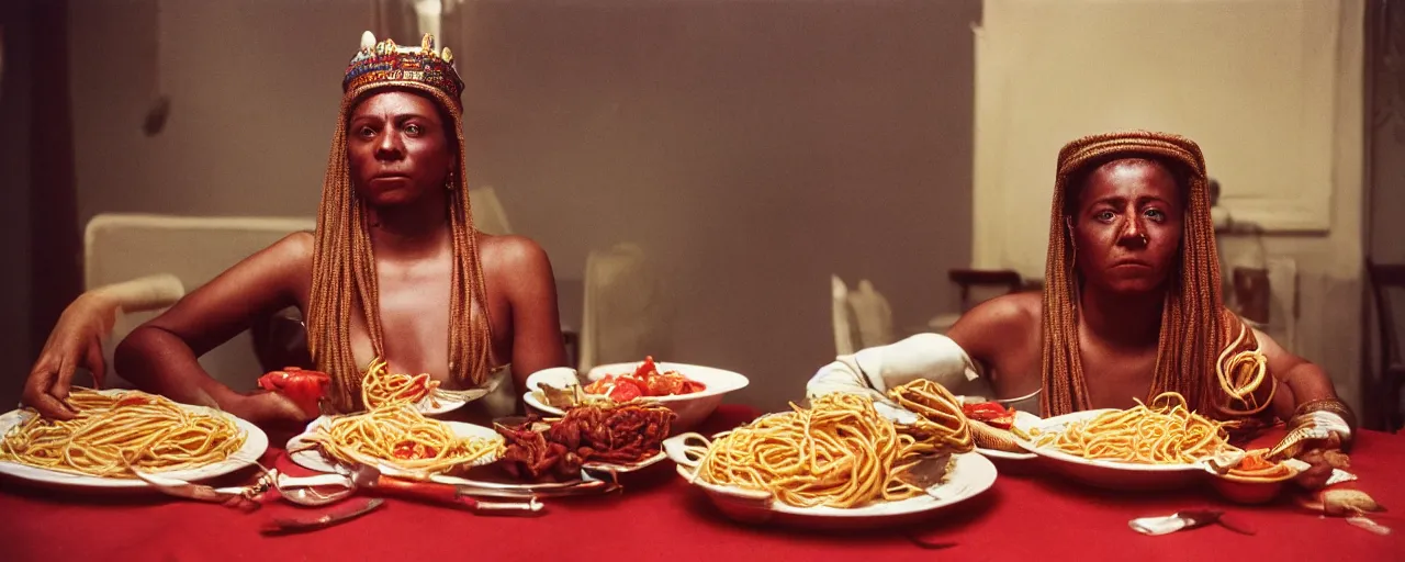 Image similar to queen hatshepsut of punt, enjoying a feast of spaghetti, in the style of diane arbus, canon 5 0 mm, kodachrome, retro