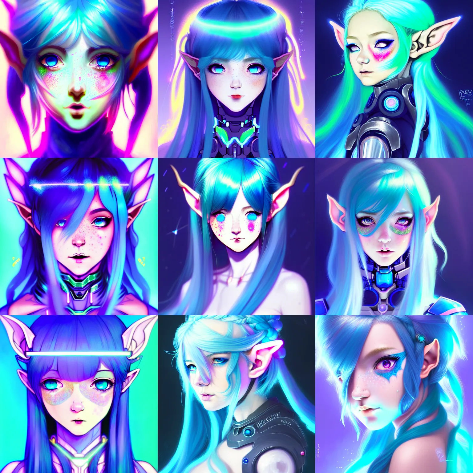 Prompt: art championship winner trending on artstation portrait of a goddess elven mecha warrior princess, head and shoulders, blue hair, matte print, pastel neon, cinematic highlights, lighting, digital art, cute freckles, digital painting, fan art, elegant, pixiv, by Ilya Kuvshinov, daily deviation, IAMAG, illustration collection aaaa updated watched premiere edition commission ✨✨✨ whilst watching fabulous artwork \ exactly your latest completed artwork discusses upon featured announces recommend achievement