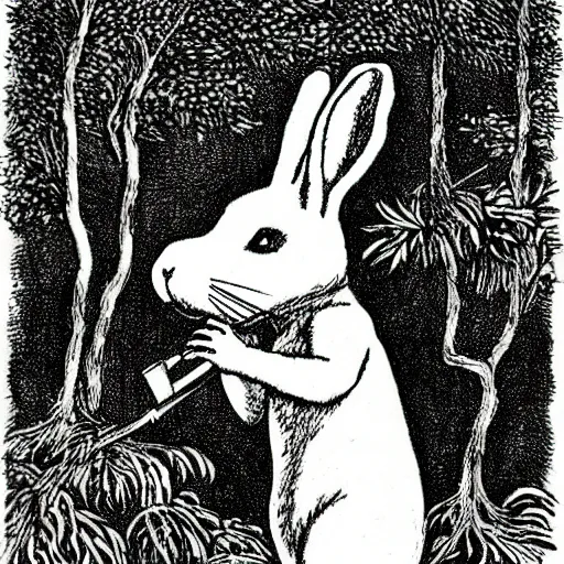 Prompt: drawing of a white bunny smoking a big cigarette in the deep tangled forest, by edward gorey, by gustav dore