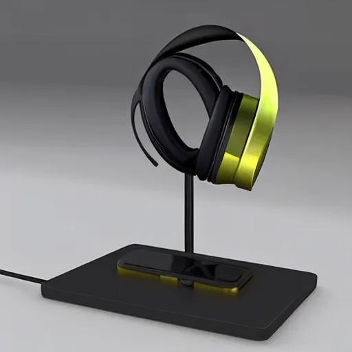 Image similar to wireless headphone stand, futuristic, techno, cyberpunk, product design, render, concept, fun, cute