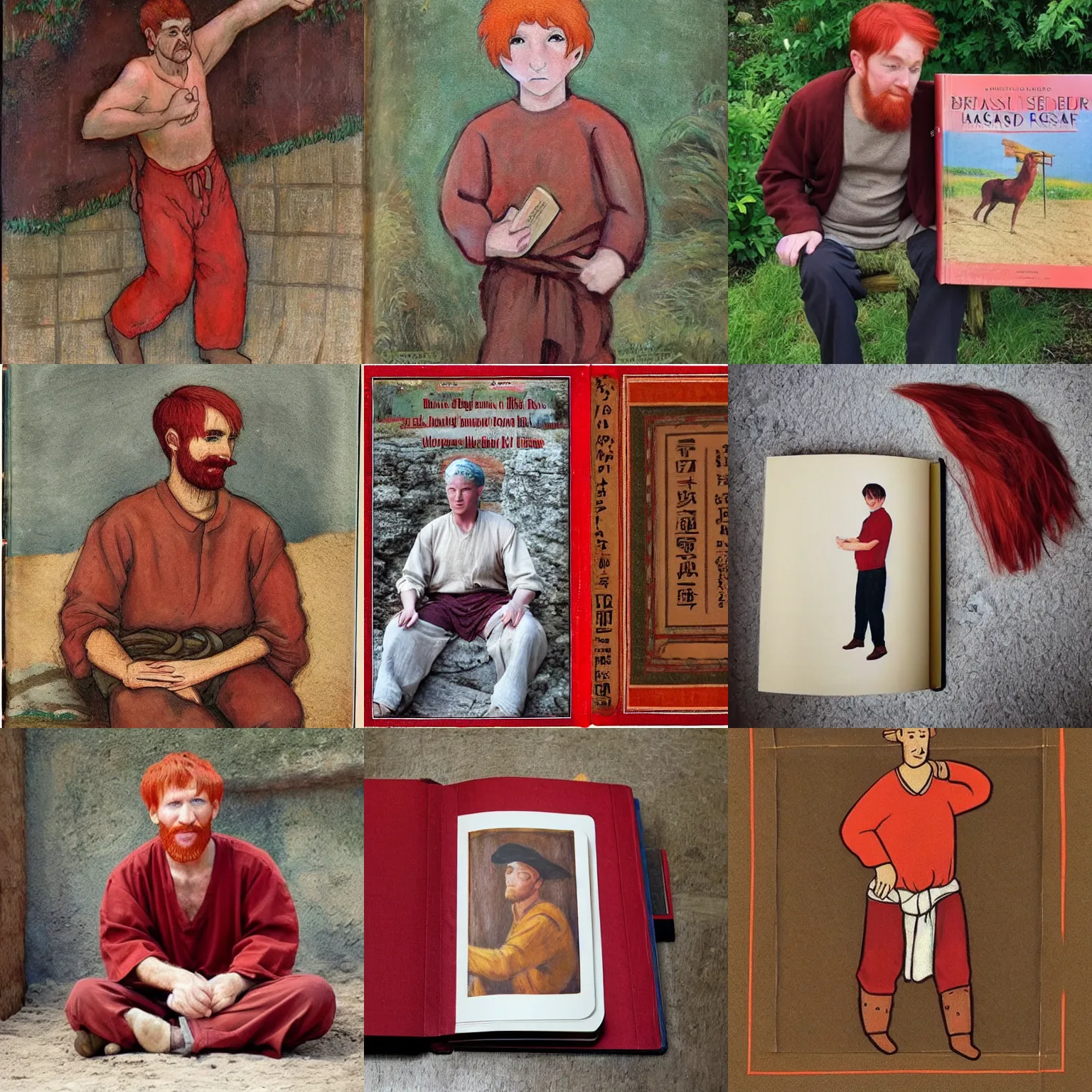 Prompt: ((((((Red-haired peasant man)))))) from sitting!!!!!!!!!! on huge book!!!!!!!!. Brown shirt and pants. Huge book!!!!!!!!!!!! Tiny man!!!!!!!!!! Bookcover in green leather and gold details. Bird's eye view. Subject looking up. Style digital painting, concept art, smooth, sharp focus, illustration, from Metal Gear, by Ruan Jia and Mandy Jurgens and William-Adolphe Bouguereau, Artgerm