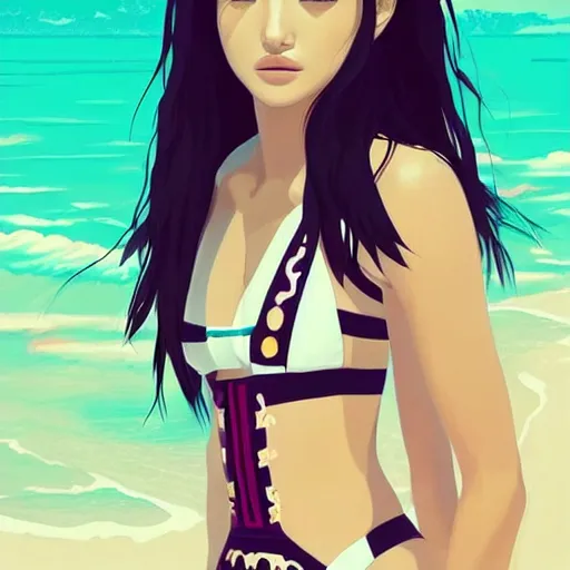 Image similar to a beautiful young japanese natalie portman alluring gravure model, stylized concept art, wearing elegant designer bomber jacket and one piece bikini, bomber jacket with mesoamerican patterns, mesoamerican native street fashion, princess mononoke, painted by ilya kuvshinov aesthetic, gorgeous, stunning, alluring, attractive, artstation, pinterest, digital art