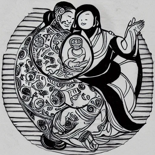 Image similar to a pregnant robot woman giving birth to a yin - yang daoist symbol emerging out of womb, full body black and white drawing