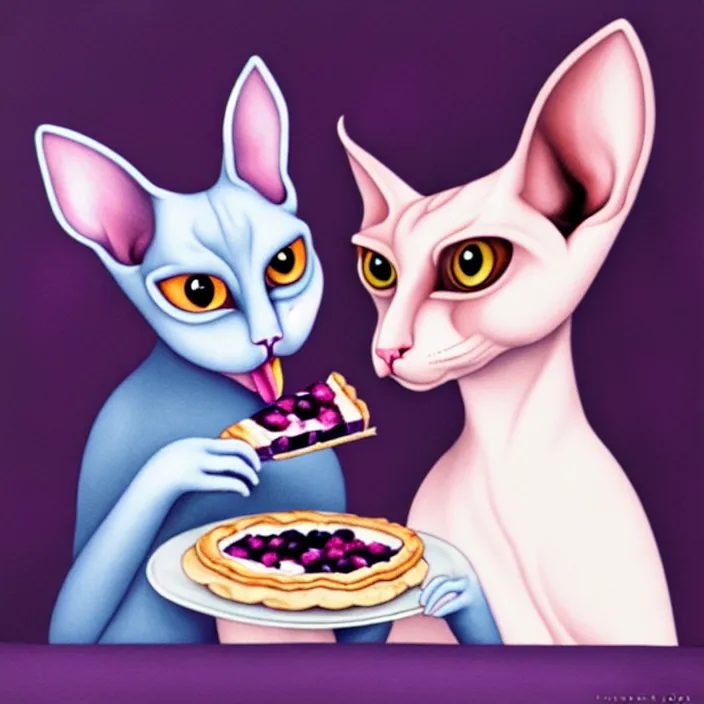 Image similar to an anthropomorphic sphynx cat fursona with big eyes eating a slice of blueberry pie, furry art, cute, oil on canvas, soft lighting