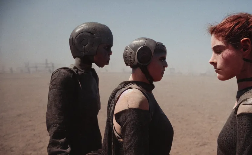 Image similar to cinestill 5 0 d photographic portrait by helen levitt of two loving female androids wearing rugged black mesh techwear on a desolate plain, extreme closeup, modern cyberpunk moody cinematic, dust storm, 8 k, hd, high resolution, 3 5 mm, f / 3 2, ultra realistic faces, ex machina