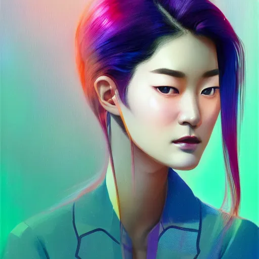 Prompt: half - electric jun ji hyun with cute - fine - face, pretty face, oil slick multicolored hair, perfect face, extremely fine details, volumetric lighting, dynamic background, poster by ilya kuvshinov katsuhiro otomo, magali villeneuve, artgerm, jeremy lipkin and michael garmash and rob rey, and silvain sarrailh