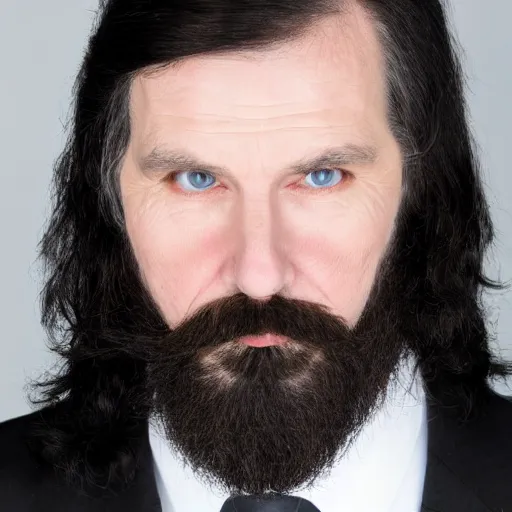 Image similar to studio photo of a handsome middle aged caucasian man, with pale skin, long wavy black hair, full beard, hooked nose, wearing a black suit, 8k, high resolution,