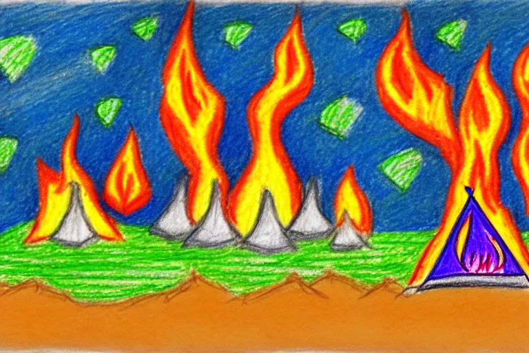 Image similar to child crayon drawing of a campsite with bonfire