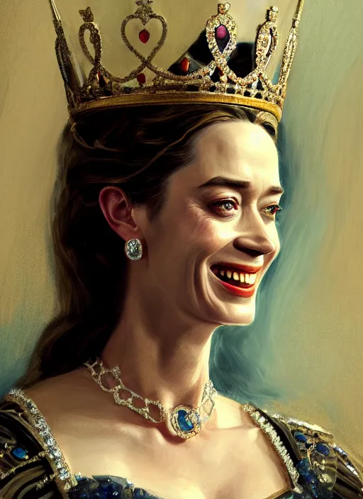 Image similar to portrait of emily blunt as queen, laughing, jewelry, greek, sapphire, victorian age, 1 8 9 0, intricate, headshot, key visual, conceptart, ambient lighting, highly detailed, digital painting, artstation, concept art, sharp focus, by makoto shinkai and akihiko yoshida and greg manchess