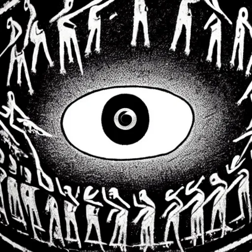 Image similar to an ancient cave painting of a giant eye floating above a crowd of people