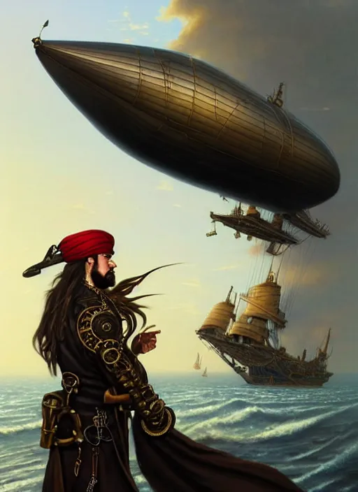 Prompt: male airship pirate, steampunk airship flying above the sea, D&D, handsome, side profile, fantasy, intricate, long hair, leather coat, gold earring, red hair, elegant, highly detailed, digital painting, artstation, concept art, smooth, sharp focus, illustration, art by artgerm and greg rutkowski and alphonse mucha