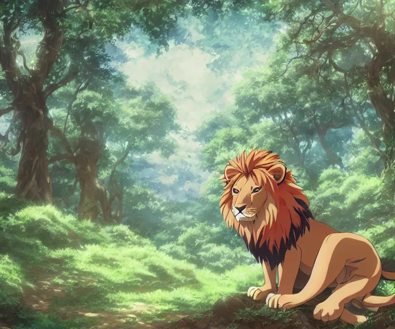 Prompt: lion in a forest, anime fantasy illustration by tomoyuki yamasaki, kyoto studio, madhouse, ufotable, comixwave films, trending on artstation