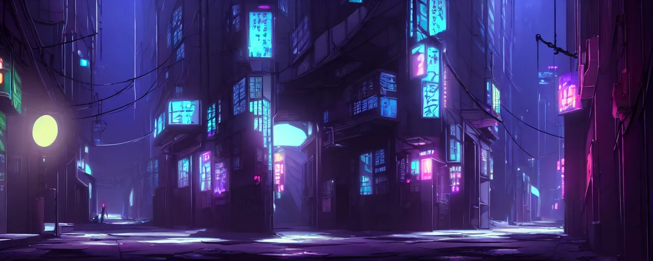 Image similar to city alleyway in the atmospheric cyberpunk anime film, gouache matte background painting, neon noir, at night with lights, by makoto shinkai, in the anime series ergo proxy, beautiful specular edge highlights and rim lighting