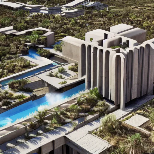 Image similar to brutalism conceptual hotel in the desert, biophilia mood, pool, garden, highly detailed, cinematic, photorealistic,