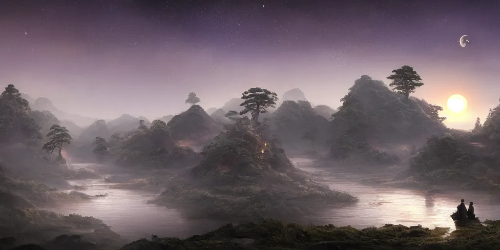 Prompt: masterpiece digital painting of a large landscape, with a chinese temple, streams and rocks, moon disc, stars in the sky, at dawn, emerging sun and hills on the horizon some light fog by wlop and sandara, 8 k, unreal engine, trending on artstation, more dark purple color scheme, cinematic lights, fireflies