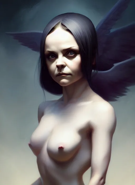 Prompt: christina ricci as an angel, backround dark, highly detailed, digital illustration, trending in artstation, modern painting, smooth, sharp focus, intricate, by peter mohrbacher