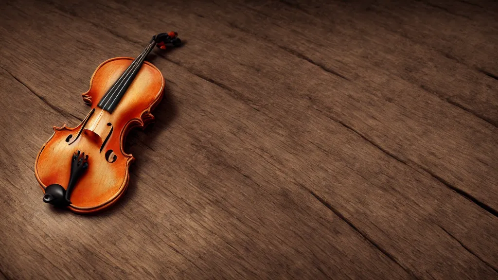 Prompt: a violin on an ancient wood table, 3/4 view, beautifull reflexions, detailed, photorealistic, octane render