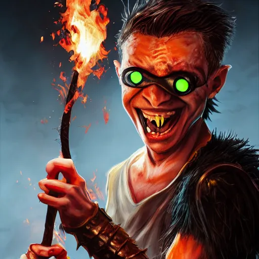 Prompt: An epic fantasy comic book style portrait painting of young Gollum with red spiked long hair, using an orange lens googles. Wearing white shirt, a black waistcoat, brown pants and black boots. He is throwing a wild fire blast from his hands, with a vicious smile in face. Unreal 5, DAZ, hyperrealistic, octane render, cosplay, RPG portrait, dynamic lighting , 8k ,