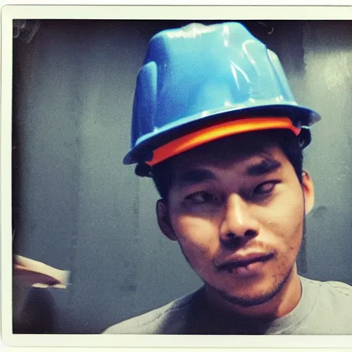 Image similar to a polaroid photo of man doing sort things into sort machines in lazada logistics warehouse, he's wearing blue cloth and construction hat,, photo from behind, highly details, perfect face shape, cinematic lighting,