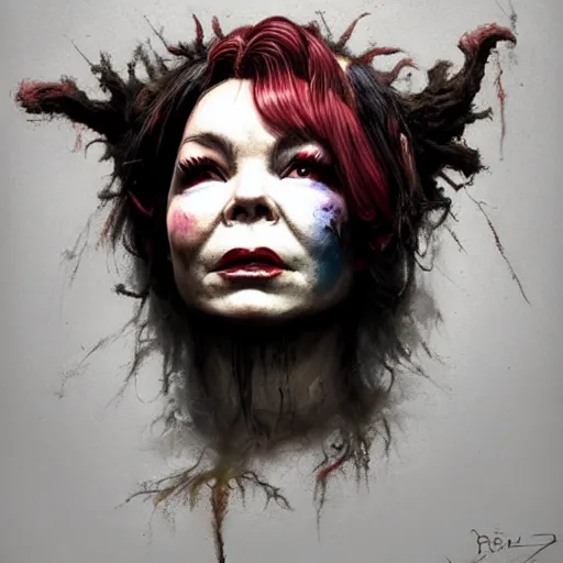 Image similar to color head portrait of bjork as a zombie, 7 days to die zombie, gritty background, fine art, award winning, intricate, elegant, sharp focus, cinematic lighting, digital painting, 8 k concept art, art by michael hussar, art by brom, art by guweiz and z. w. gu, 8 k