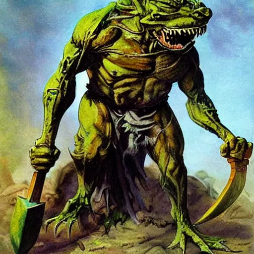 Image similar to dog - faced muscular goblin, ugly face, lizard tail, holding scimitar made of bone, scimitar, sword, jagged sword, curved sword, orkish sword, colorized, green skin, hyper - detailed, primeval fantasy, prehistoric fantasy, drawn by frank frazetta