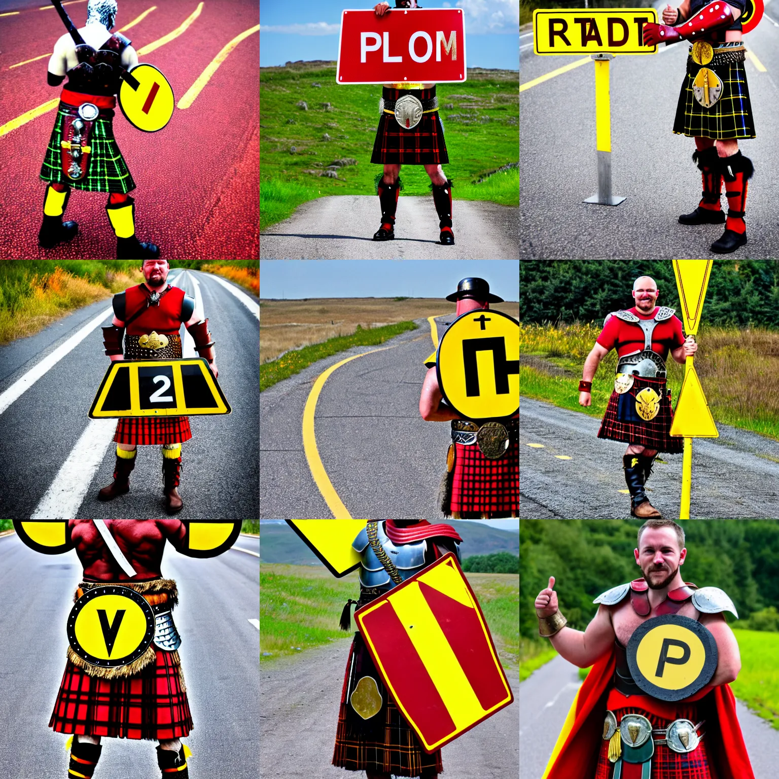 Image similar to gladiator wearing a road sign on his kilt, red and yellow road sign armor