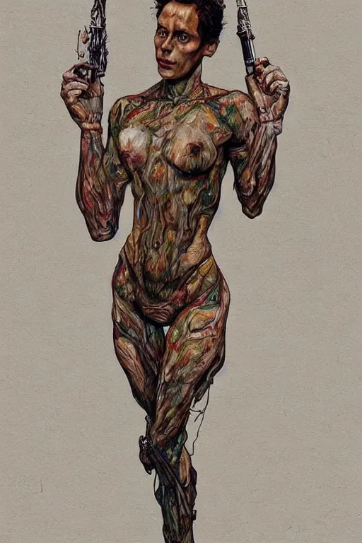 Image similar to a full body character with lifted arms in style of egon schiele, masterpiece, hyperdetailed, complex, intricate, veiled, 4 k, dynamic!! trending on artstation,