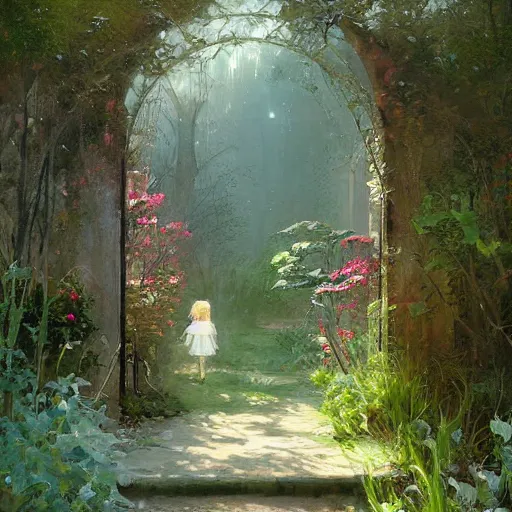 Image similar to The Secret Garden, painting in the style by Greg Rutkowski