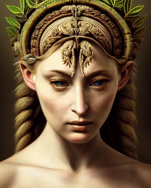 Prompt: portrait of a beautiful goddess of nature, enigmatic beauty, esoteric, nature aesthetics, head in focus, intricate, elegant, highly detailed, artstation, artistic, concept art, painterly, hasselbrad photography, sharp focus, art style by hans jokem bakker