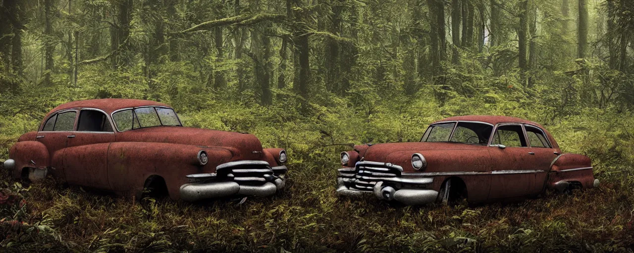 Prompt: Photograph of an abandoned rusty 1950's Buick in a forest with a monster inside, overgrown with vegetation, realistic octane render, 8k, ultra detailed close up