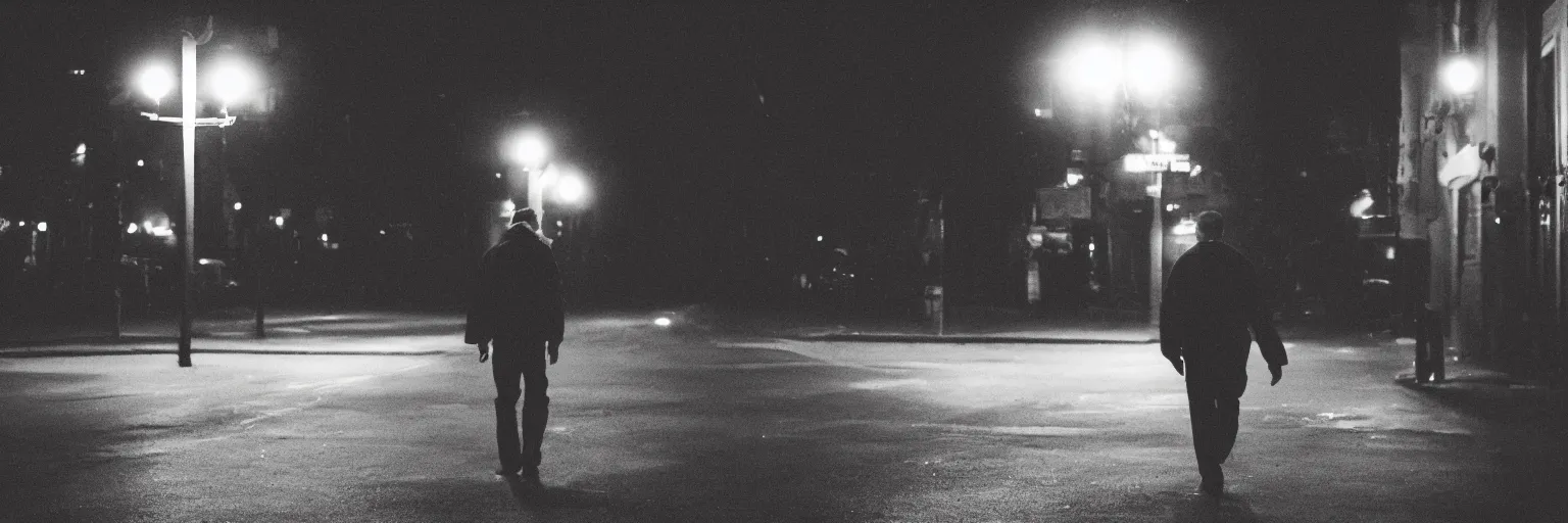 Prompt: a man walking at nightime, street lights, film noir