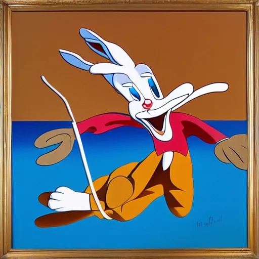 Prompt: Bugs Bunny and Elmer Fudd in the style of Dali, surrealism, oil on canvas