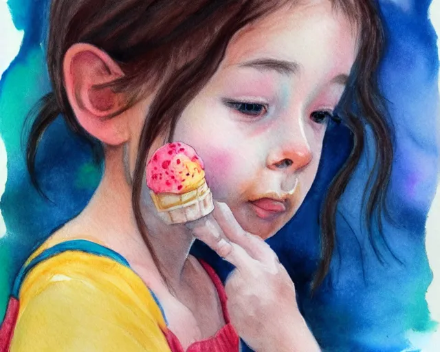 Image similar to a girl with the ice cream watercolor colored pencil painting by samuel smith trending on artstation