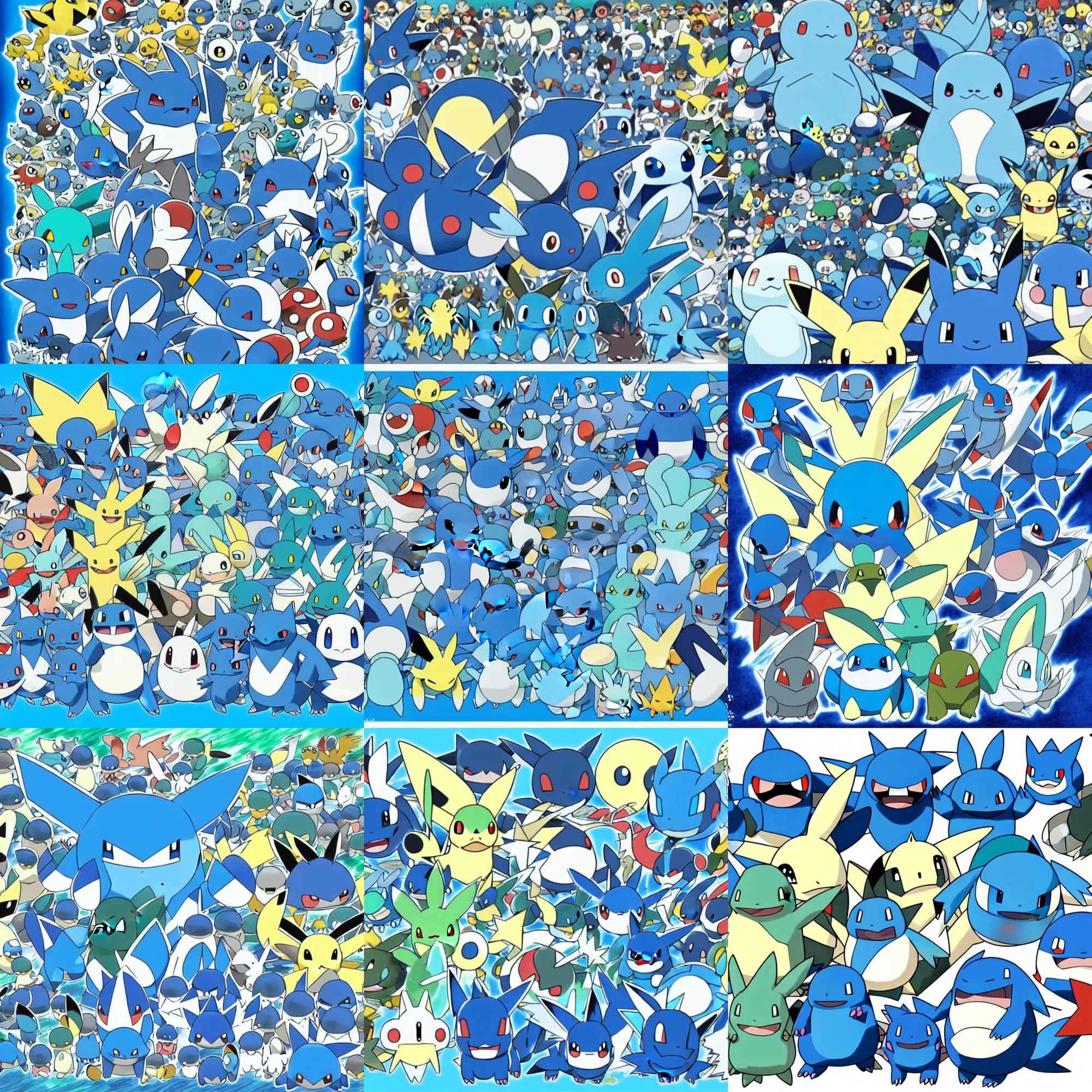 Prompt: official art of a diverse crowd of blue Pokémon, by Ken Sugimori and Junichi Masuda, whitespace, Bulbapedia, Pokémon logo, Seaking Greninja Lanturn Gyarados snorlax