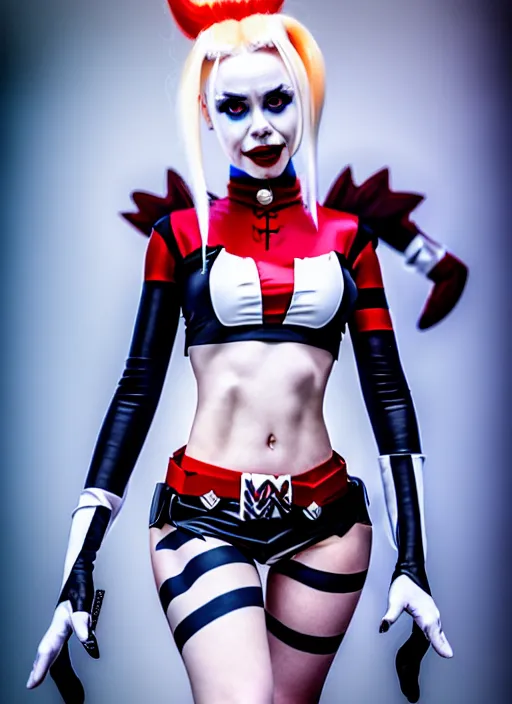 Image similar to photo of kerli koiv as harley quinn in the style of stefan kostic, realistic, half body shot, sharp focus, 8 k high definition, insanely detailed, intricate, elegant, art by stanley lau and artgerm, foggy backgeound