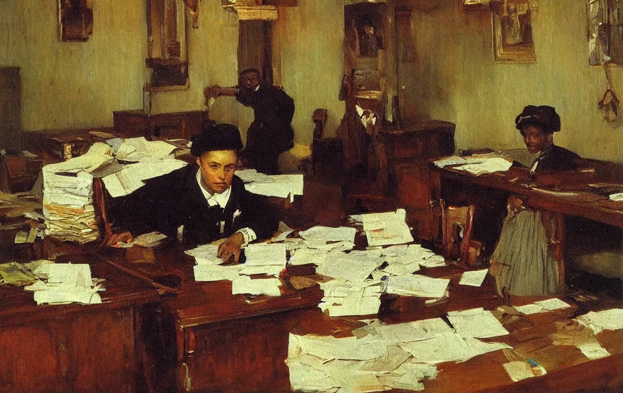 Prompt: british colonial clerk working in office in lagos, 1905, colourful highly detailed oil on canvas, by Ilya Repin