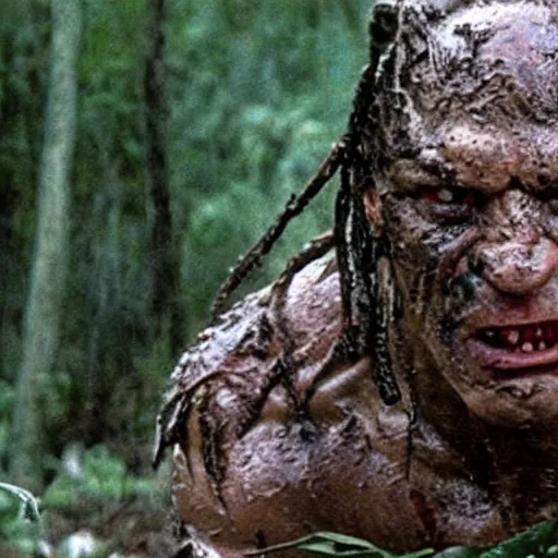 Image similar to film still of predator looking for his prey and john cena as major dutch, covered in mud and hiding from him in swamp scene in 1 9 8 7 movie predator, hd, 4 k