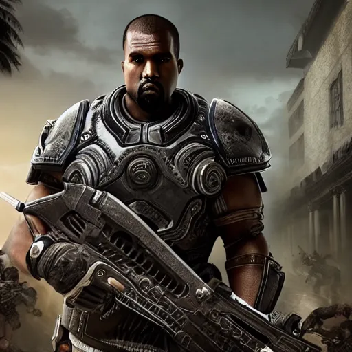 Image similar to kanye west as an centaur!!!! in gears of war, splash art, movie still, detailed face, photorealistic facial features, cinematic lighting, dramatic, octane render, long lens, shallow depth of field, bokeh, anamorphic lens flare, 8 k, hyper detailed, 3 5 mm film grain