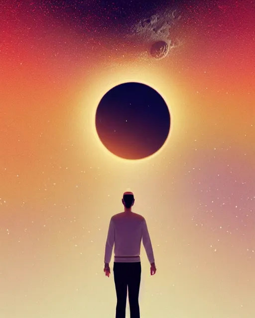 Image similar to a common person standing in front of a glowing open door that's on the moon, poster art by mike winkelmann, trending on cg society, space art, sci - fi, ue 5, futuristic, volumetric lighting