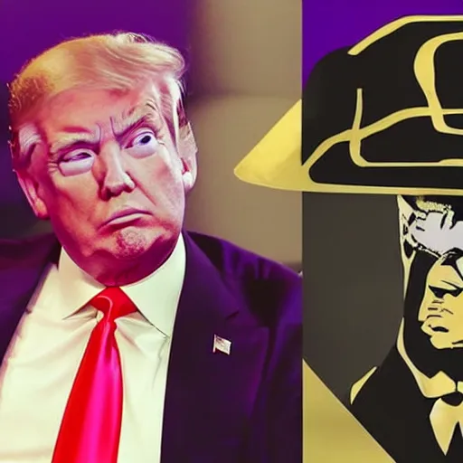 Image similar to donald trump sitting next to a roll's royce, gta 5 artwork, gold chain necklace, purple suit