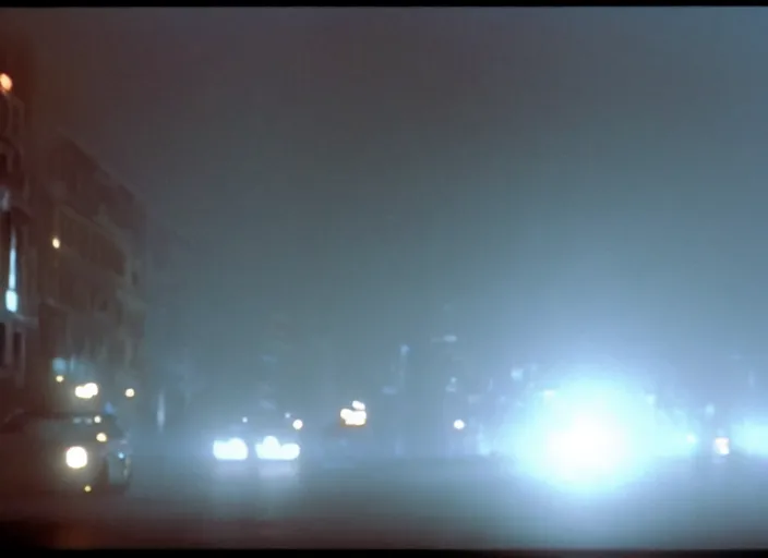 Image similar to film footage of giant michael j. fox in a foggy city, eerie, monster movie, 8 k, 8 5 mm